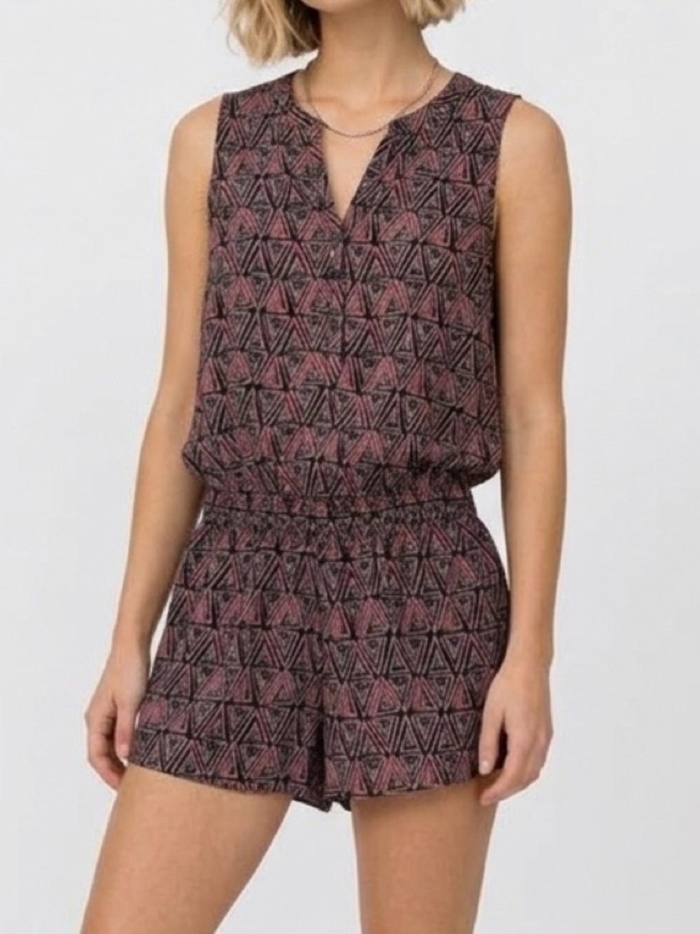 Gibson Smocked Waist Romper Black Red Geometric Print Womens XS